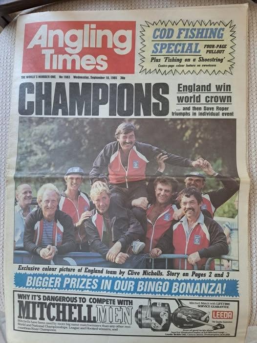Angling Times front page reporting England's 1985 World Championship victory