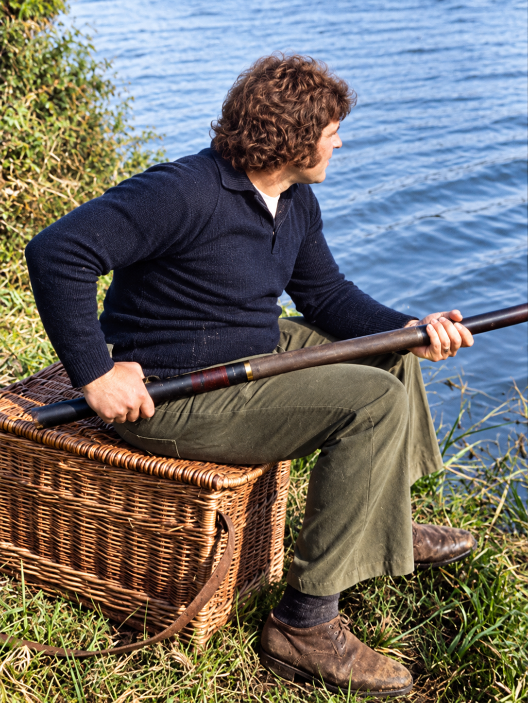 Young Kevin Ashurst fishing from a traditional wicker basket