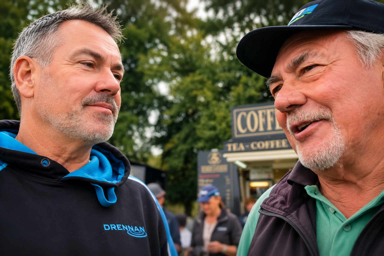 Clive Branson chatting with Alan Scotthorne at an angling event